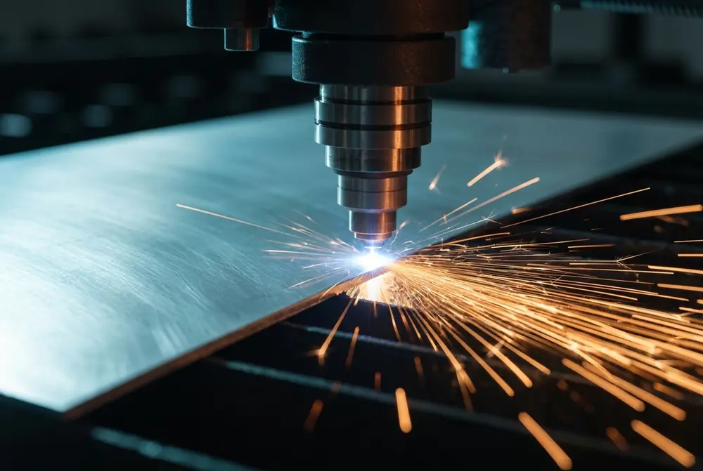 Fibre laser cutting a satin aluminium sheet, sparks along the kerf