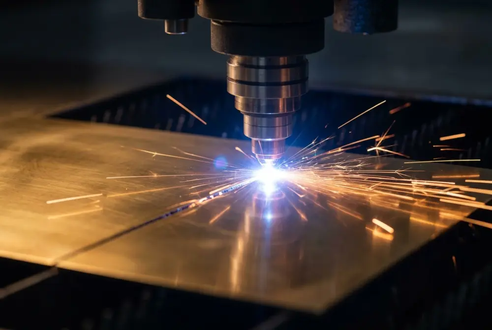 Fibre laser cutting a polished brass sheet, sparks along the kerf