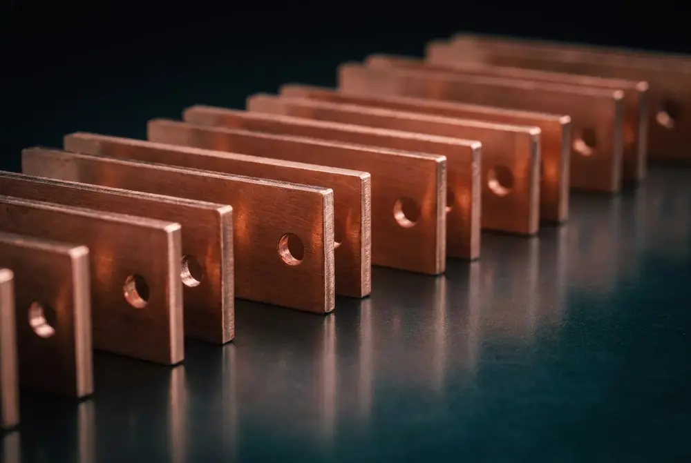 Row of laser-cut copper busbar blanks with punched holes on a dark bench