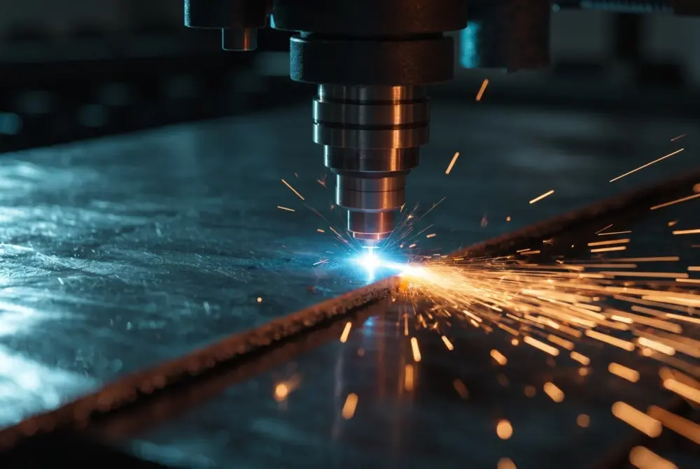 Fibre laser cutting a mild steel sheet, sparks along the kerf
