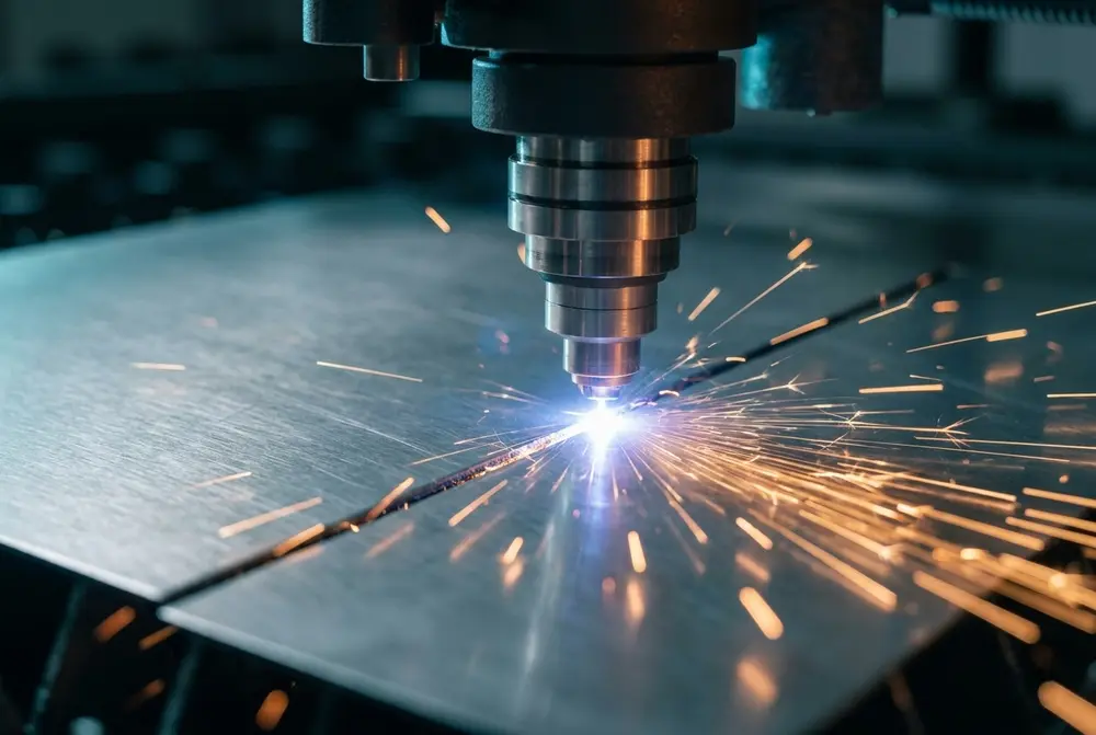 Fibre laser cutting a brushed stainless steel sheet, sparks along the kerf