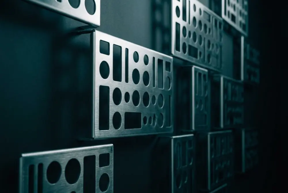 Laser-cut brushed stainless steel facing panels fixed to a dark wall